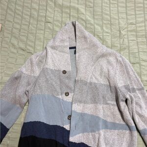 Striped Shawl Collar Cardigan in Light Gray and Blue